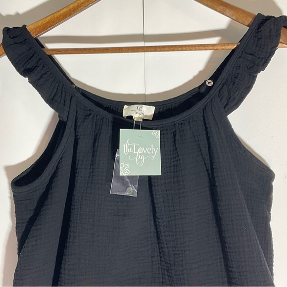 P Cill Black Tank Top w/Adjustable Button Wide Ruffle Straps & Flowing Bodice SM - Picture 6 of 16